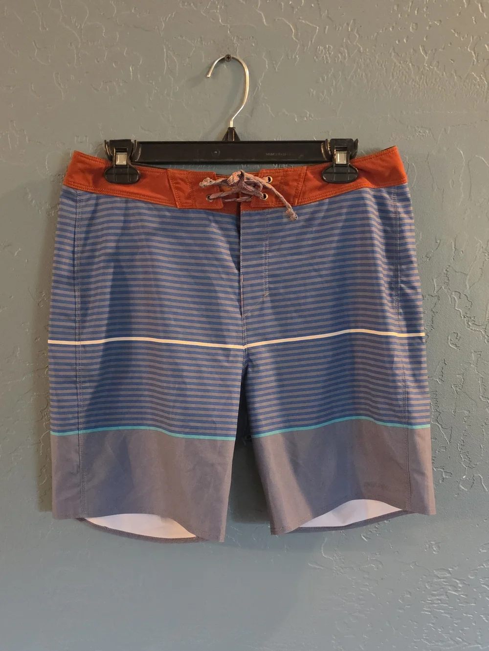 Patagonia Blue Striped Swim Board Shorts with Rust Waistband